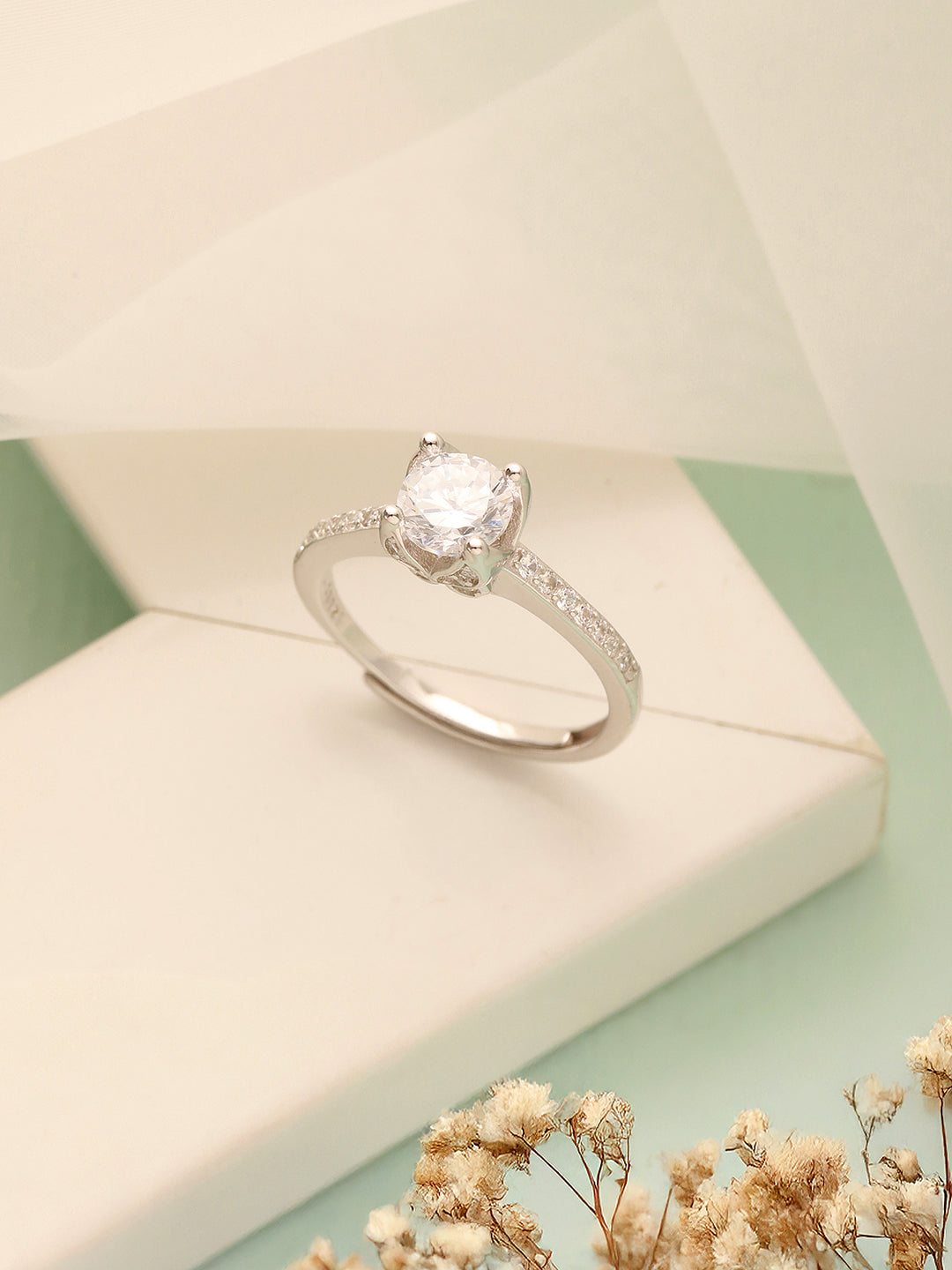 925 Sterling Silver Rhodiu Plated Zircon Studded Solitaire Engagement Adustable Finger Rings